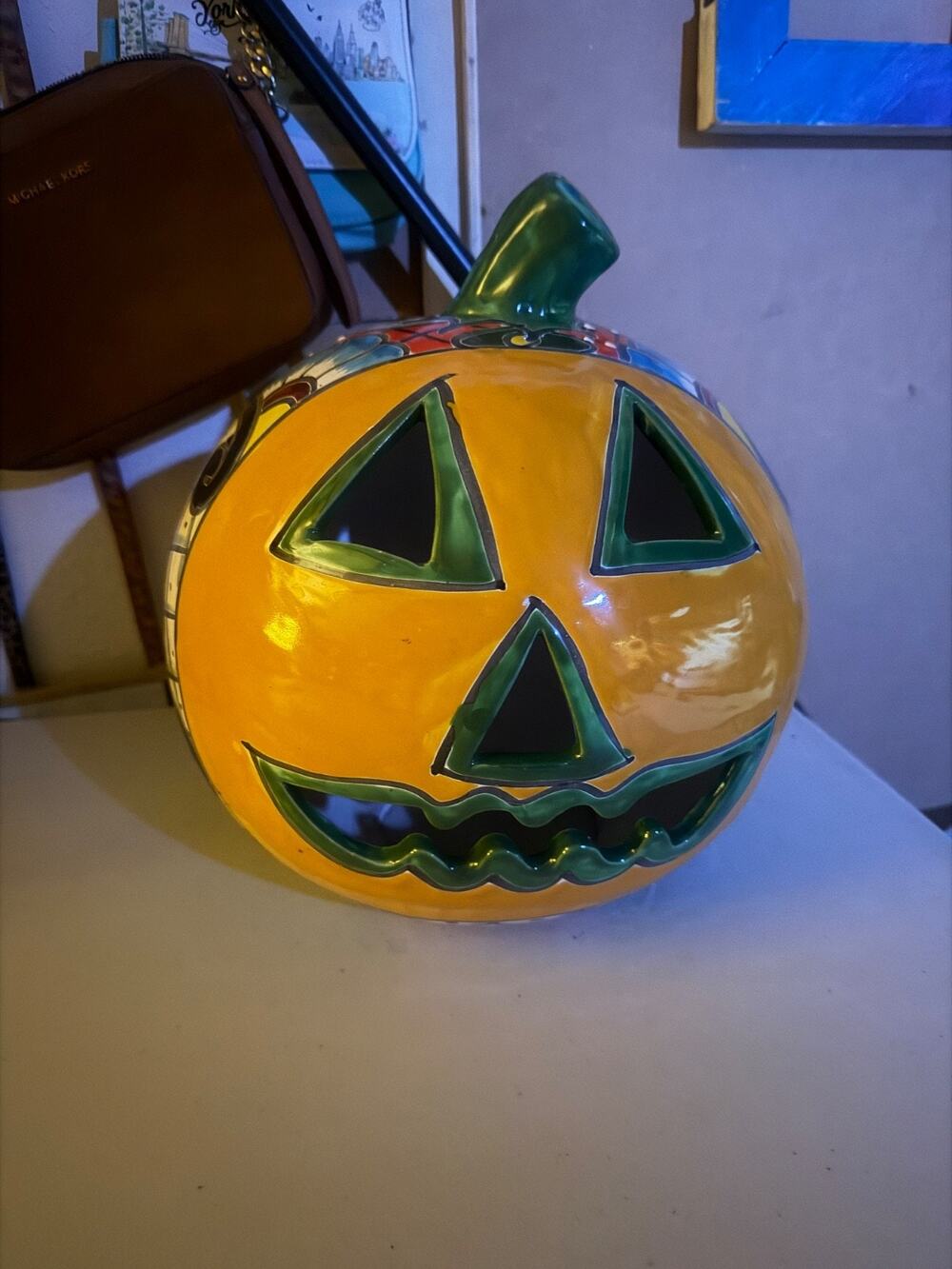 Talavera Pottery Pumpkin Jack O Lantern Halloween Mexican Folk Art 12" Diameter